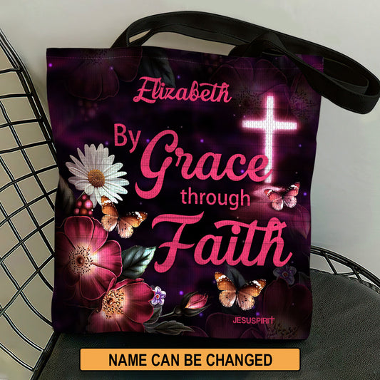 Jesuspirit | By Grace Through Faith | Flower And Cross | Personalized Tote Bag HN136