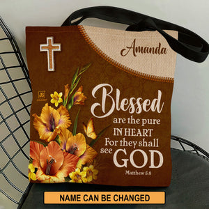 Jesuspirit | Meaningful Personalized Tote Bag | Matthew 5:8 | Flower And Cross | Blessed Are The Pure In Heart TBHN609