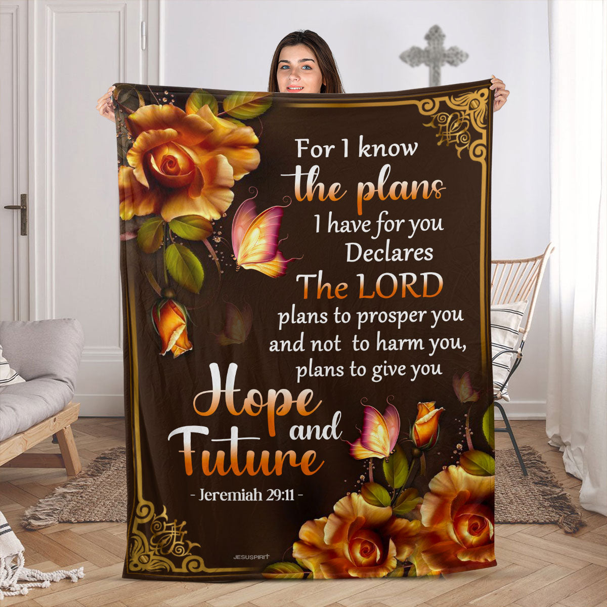 Jesuspirit | For I Know The Plans I Have For You | Jeremiah 29:11 | Fleece Blanket | Roses And Butterfly FBH611