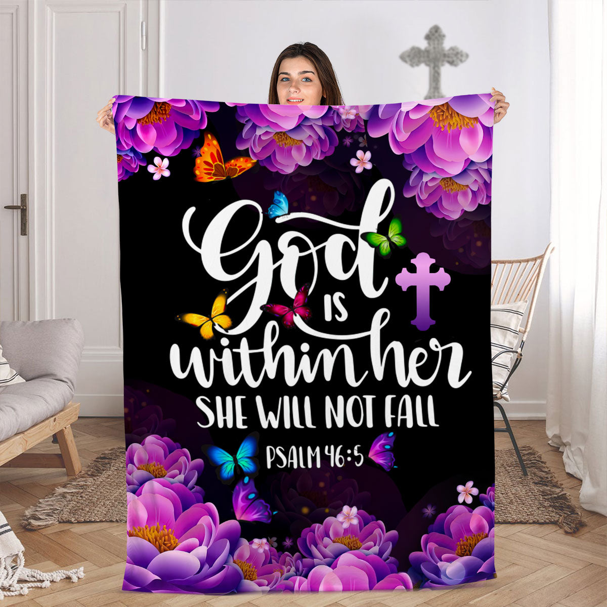 Jesuspirit | Psalm 46:5 | Cross And Butterfly | God Is Within Her, She Will Not Fall | Beautiful Flower Fleece Blanket FBM640