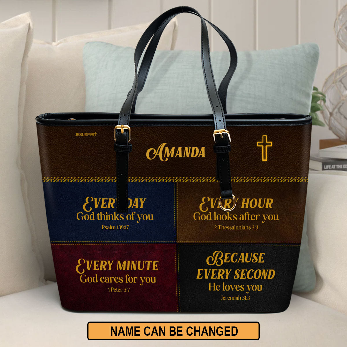 Jesuspirit | Religious Gifts For Women Of God | Personalized Large Leather Tote Bag With Long Strap | Every Hour God Looks After You LLTBHN655