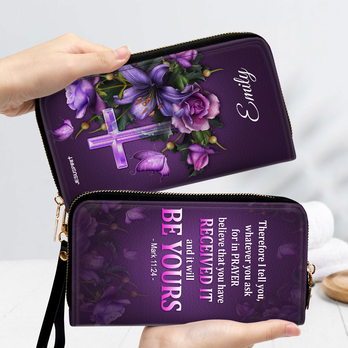 Jesuspirit | Christian Spiritual Gifts For Religious Women | Personalized Purple Zippered Leather Clutch Purse | Mark 11:24 | Believe That You Have Received It NUH485H