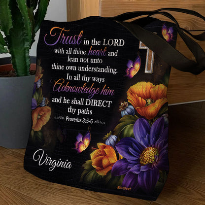 Jesuspirit Personalized Tote Bag | Trust In The Lord With All Your Heart | Proverbs 3:5-6 | Cross And Flower TBH22