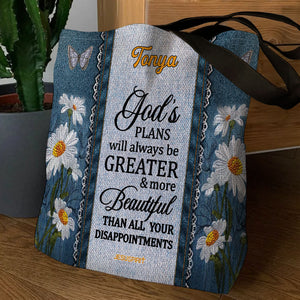 Jesuspirit Personalized Tote Bag | Daisy & Butterfly | God's Plans Will Always Be Greater Than All Your Disappointments TBM605