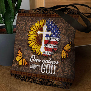 Unique Sunflower And American Flag Tote Bag - One Nation Under God NM145
