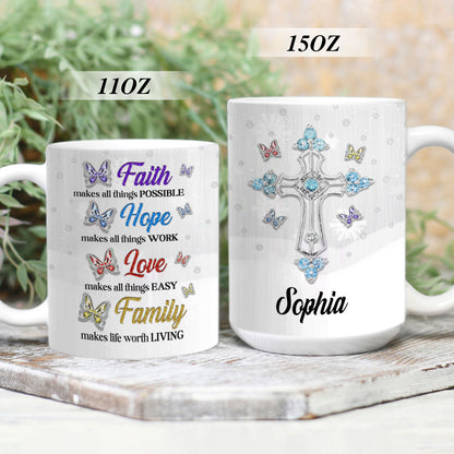 Elegant Personalized Cross White Ceramic Mug - Hope Makes All Things Work NUHN144A