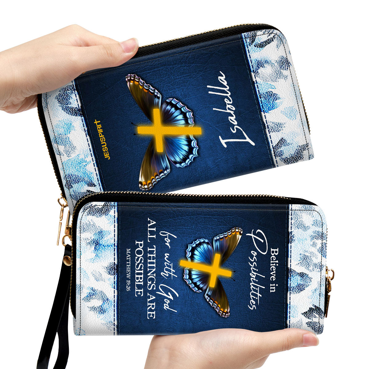 Jesuspirit | Christ Gifts For Religious Women | With God All Things Are Possible | Matthew 19:26 | Personalized Zippered Leather Clutch Purse CPHN668