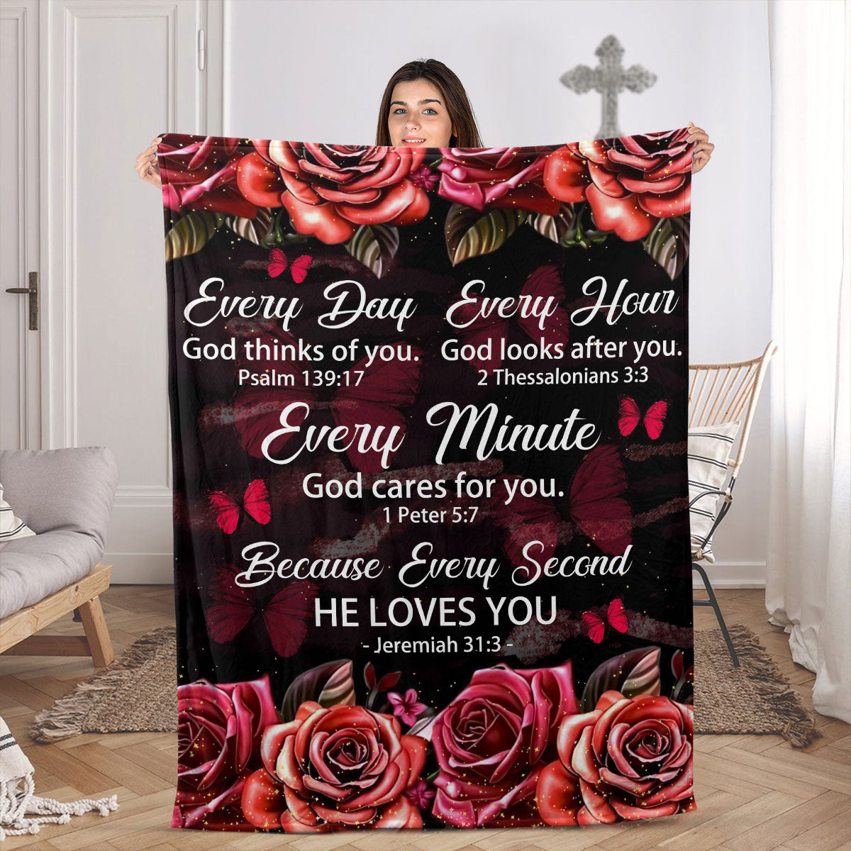 Jesuspirit | Every Hour God Looks After You | Rose And Butterfly | Gorgeous Fleece Blanket For Christians FBHN602