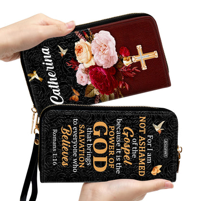 Jesuspirit | Personalized Zippered Leather Clutch Purse | Romans 1:16 | Gift Scriptures For Religious Women | For I Am Not Ashamed Of The Gospel NUM467C