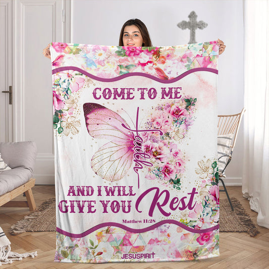 Jesuspirit Gorgeous Fleece Blanket | Flower And Butterfly | Matthew 11:28 | Come To Me And I Will Give You Rest FBHN613