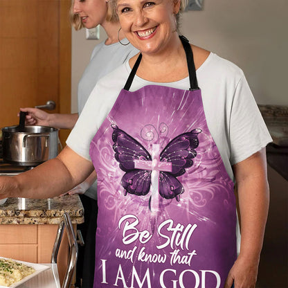 Jesuspirit | Be Still And Know That I Am God | Butterfly And Cross | Psalm 46:10 | Stunning Purple Apron With Neck Strap A47