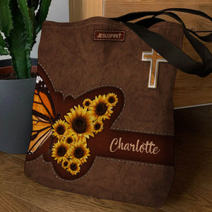 Jesuspirit Personalized Tote Bag | Butterfly & Sunflower | Religious Gifts For Women Of God TBHN653