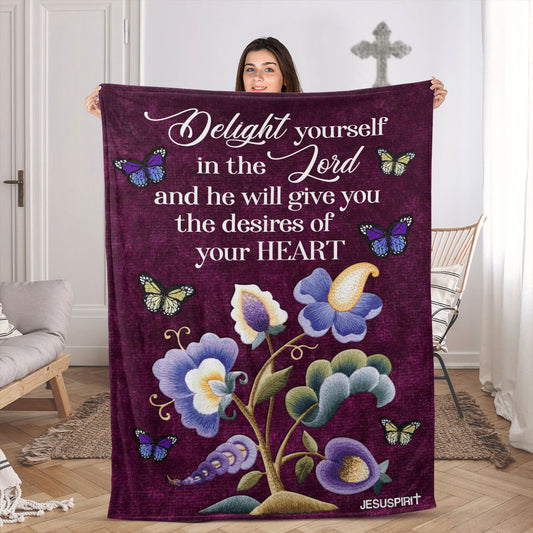 Jesuspirit Fleece Blanket | Delight Yourself In The Lord | Psalm 37:4 | Flower And Butterfly FBHN618