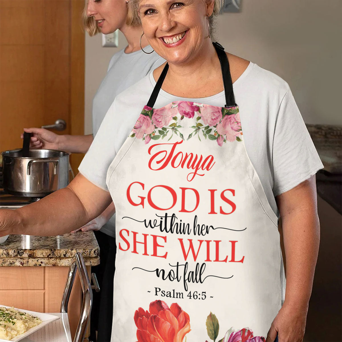 Jesuspirit | Psalm 46:5 | God Is Within Her, She Will Not Fall | Personalized Flower Apron With Neck Strap APRM651
