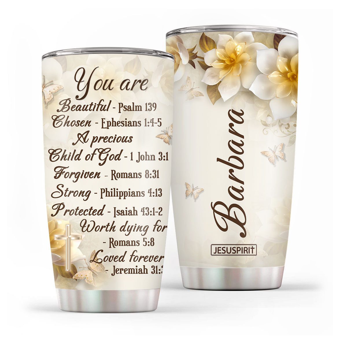 Lovely Personalized Floral Cross Stainless Steel Tumbler 20oz - I Can -  Jesuspirit