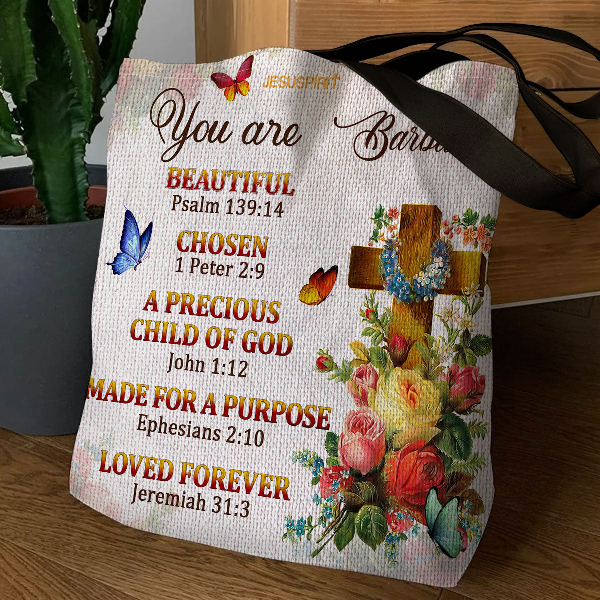 Jesuspirit | Made For A Purpose | Meaningful Personalized Tote Bag | Flower And Cross TBM705