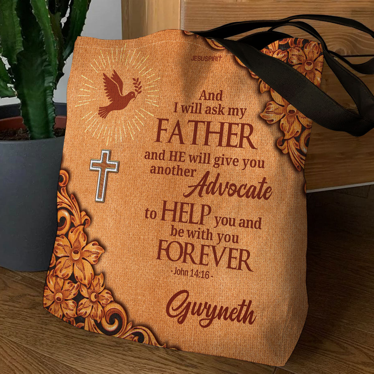 Jesuspirit | Personalized Orange Tote Bag | Christ Gifts For Women Of God | John 14:16 | Cross And Pigeon TBH721