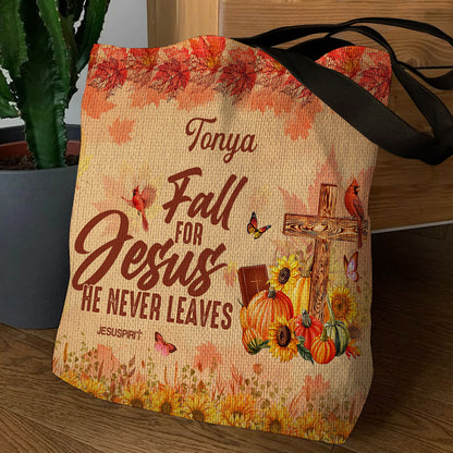 Jesuspirit | Personalized Autumn Season Tote Bag | Fall For Jesus He Never Leaves | Pumpkin & Sunflower DM29