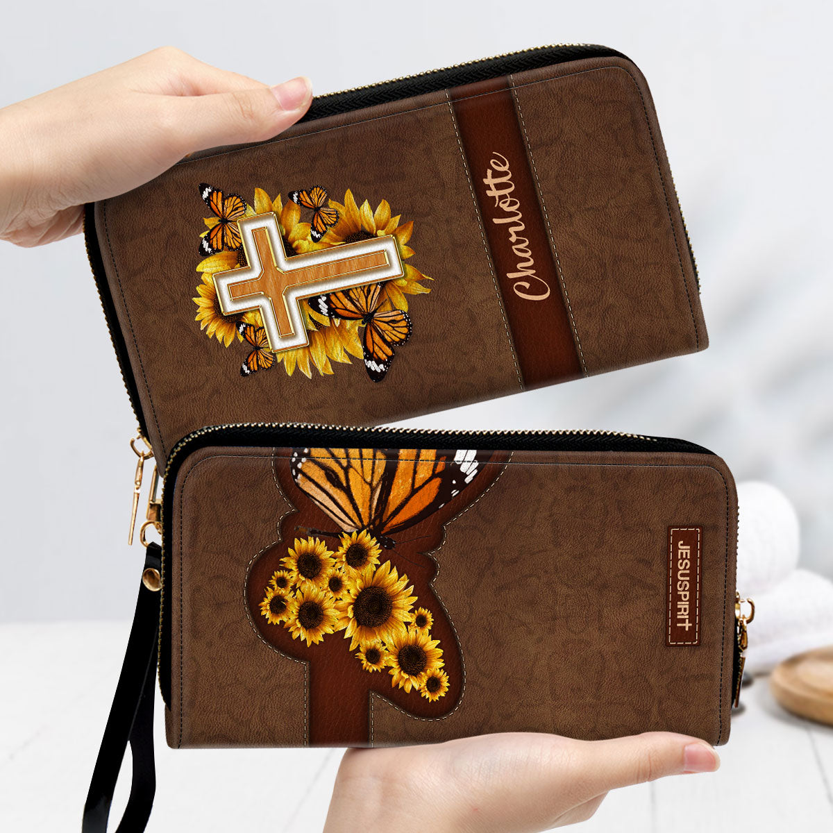 Jesuspirit | Inspiration Gifts For Christian Women | Personalized Zippered Leather Clutch Purse | Sunflower And Cross CPHN653