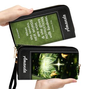 Jesuspirit | She Gives Instructions With Kindness | Personalized Lotus Zippered Leather Clutch Purse | Proverbs 31:26 | Scripture Gifts For Woman Of God NUHN316B