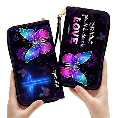 Jesuspirit | Let All You Do Be Done In Love | Personalized Leather Clutch Purse | 1 Corinthians 16:14 | Cross And Butterfly CPH707