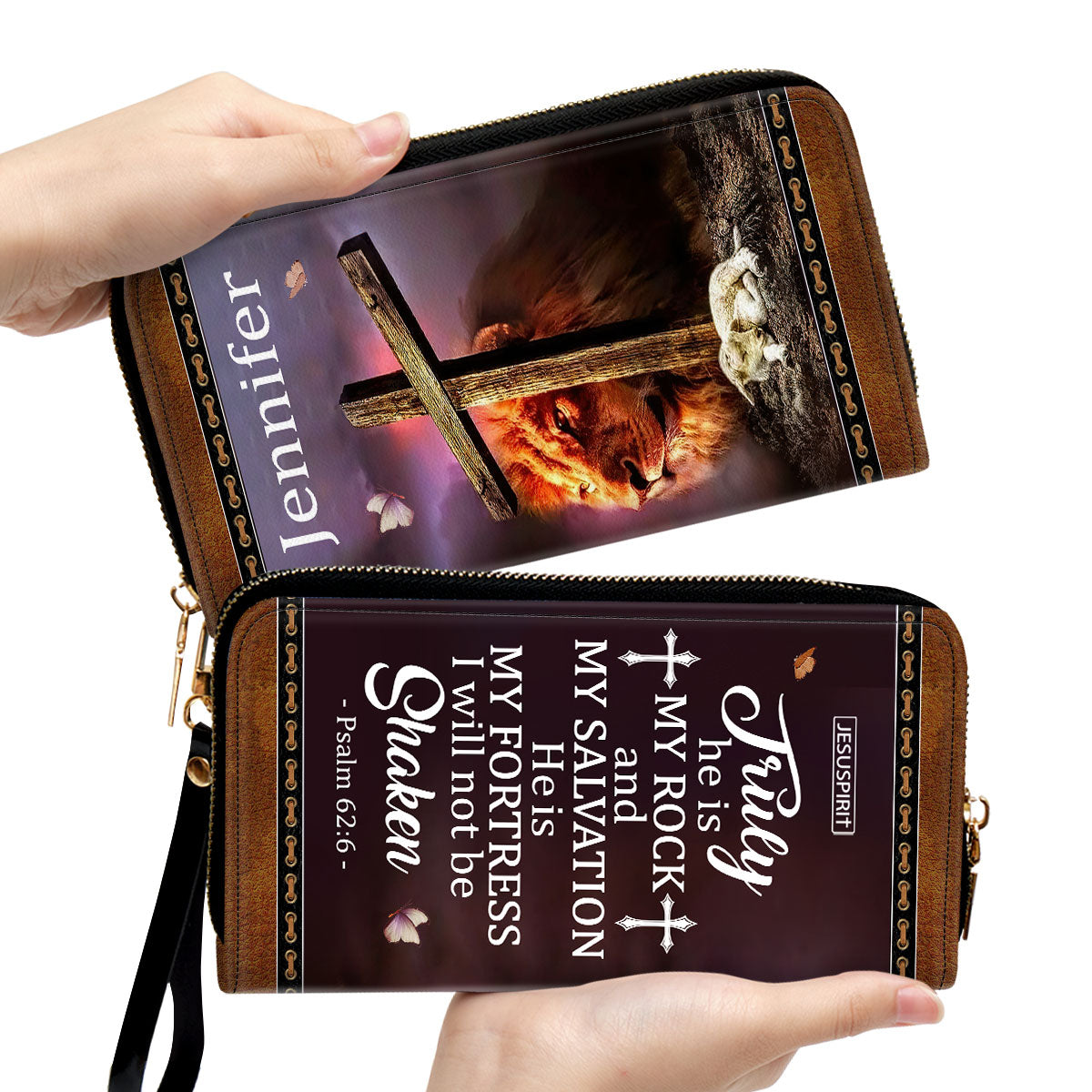 Jesuspirit | He Is My Fortress, I Will Not Be Shaken | Psalm 62:6 | Lion And Lamb | Gifts Scripture For Religious Women | Personalized Zippered Leather Clutch Purse NUM443C