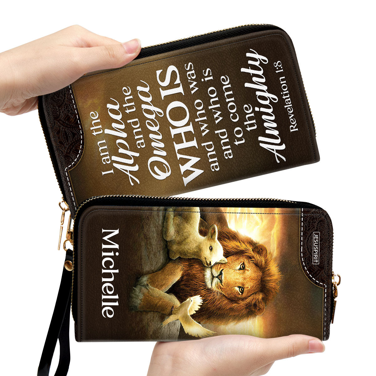 Jesuspirit | Personalized Zippered Leather Clutch Purse | I Am The Alpha And The Omega | Revelation 1:8 | Christ Gifts With Bible Scripture For Women NUM457C