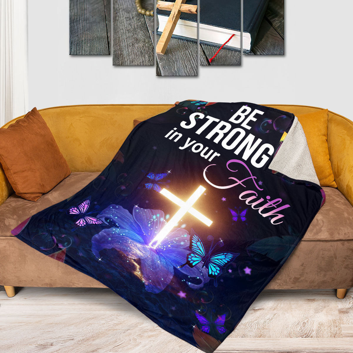 Jesuspirit | Stunning Cross Fleece Blanket | Be Strong In Your Faith | Colossians 2:7 | Lily And Butterfly FBM648