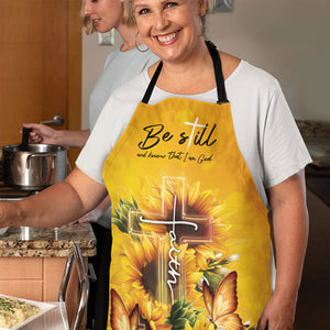 Jesuspirit | Psalm 46:10 | Be Still And Know That I Am God | Sunflower & Faith Cross | Apron With Tie Back Closure HN109