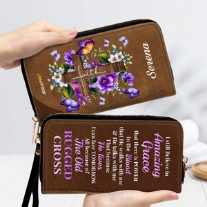 Jesuspirit | Personalized Zippered Leather Clutch Purse | I Still Believe In Amazing Grace | Faith Cross And Floral | Christ Gifts For Religious Women CP12H