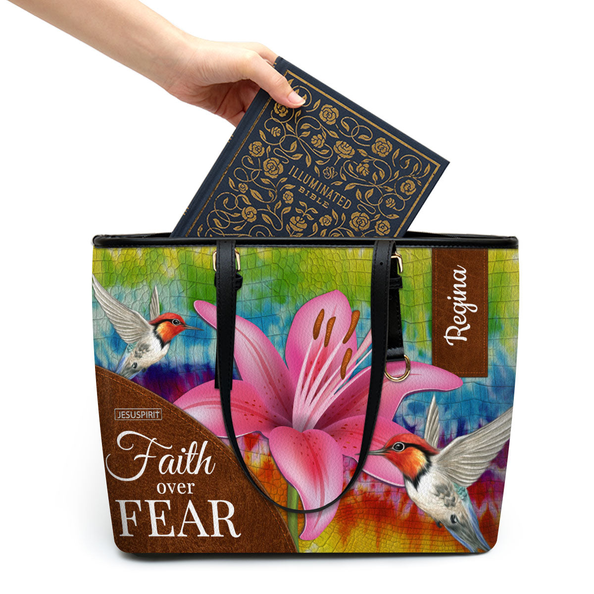 Pretty Personalized Large Leather Tote Bag - Faith Over Fear H09