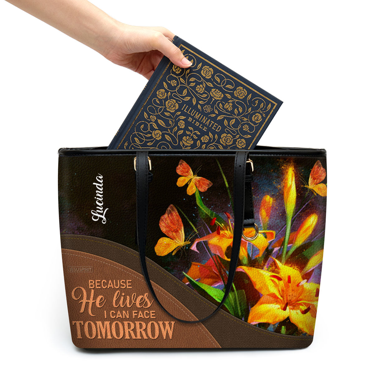 Lovely Personalized Large Leather Tote Bag - Because He Lives, I Can Face Tomorrow H17