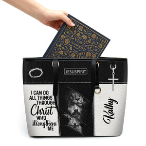 Personalized Large Leather Tote Bag - I Can Do All Things Through Christ HIHN314