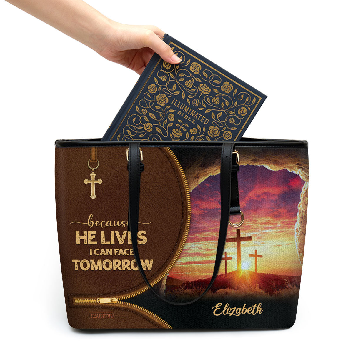 Because He Lives, I Can Face Tomorrow - Awesome Personalized Cross Leather Tote Bag NUH267