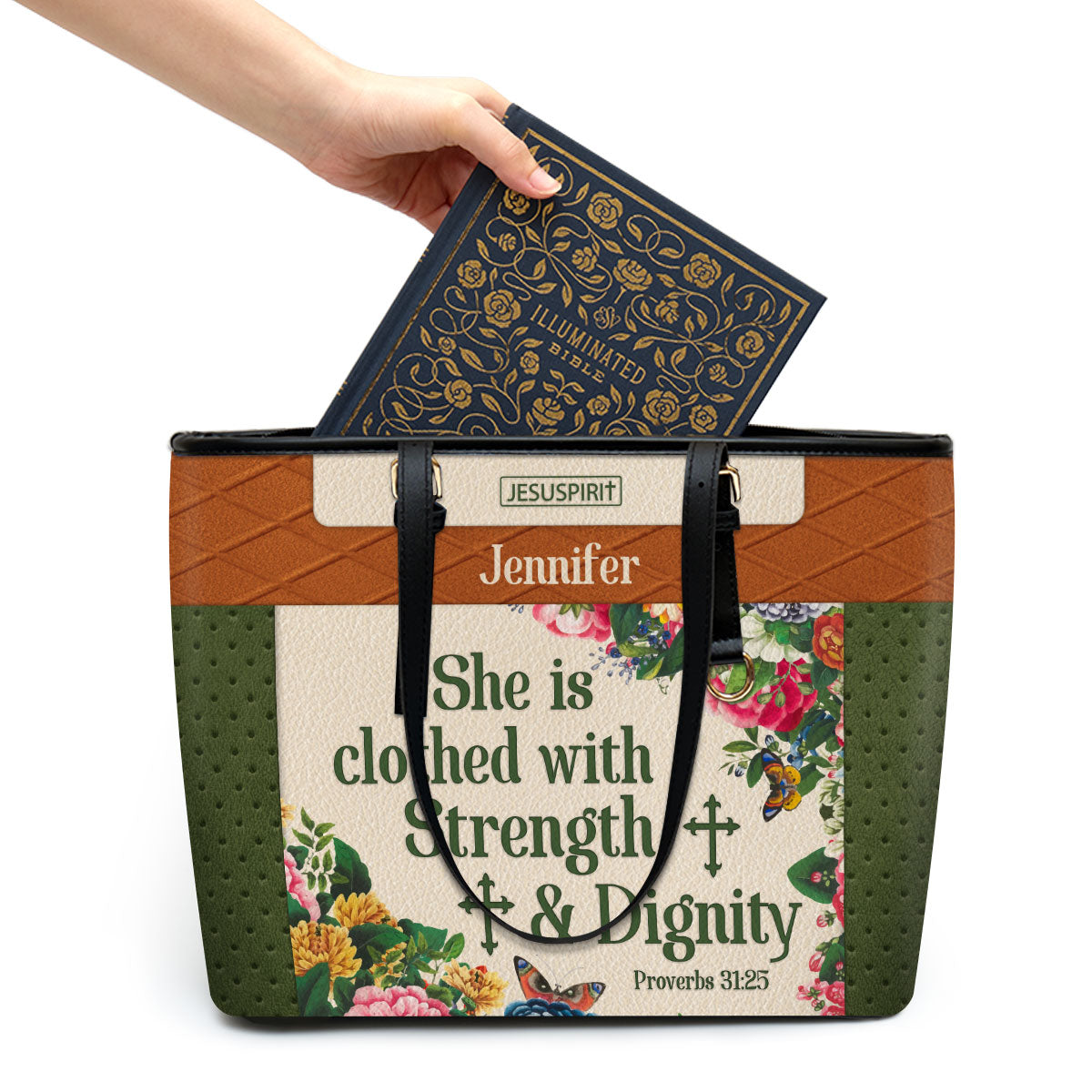 She Is Clothed With Strength And Dignity - Personalized Large Leather Tote Bag NUHN307