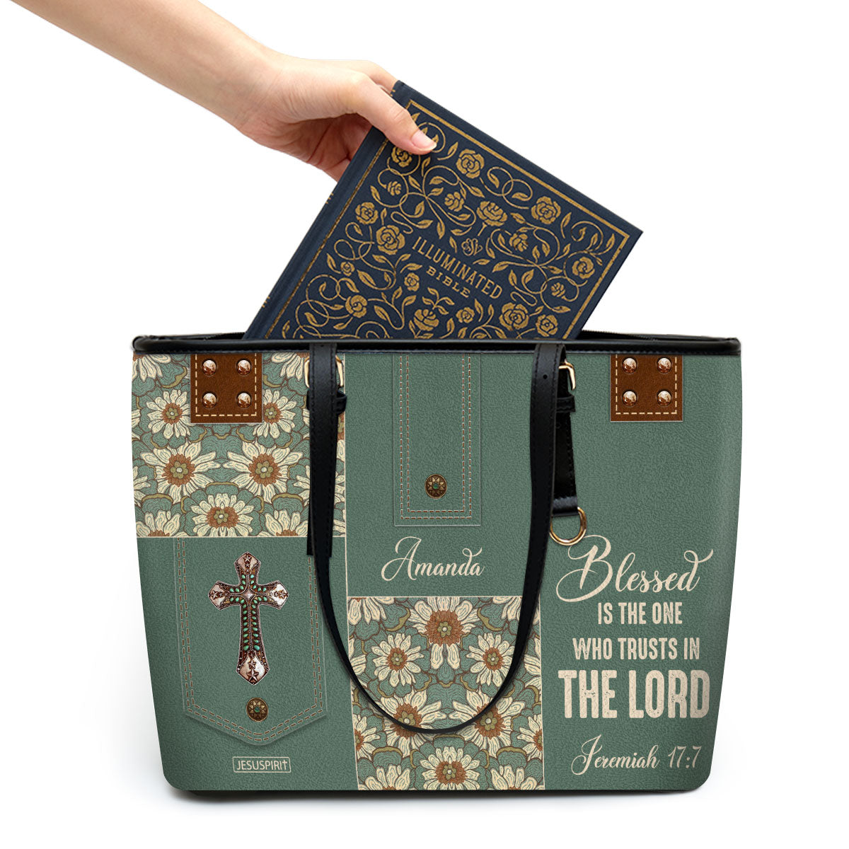 Stunning Personalized Large Leather Tote Bag - Blessed Is The One Who Trusts In The Lord NUM311