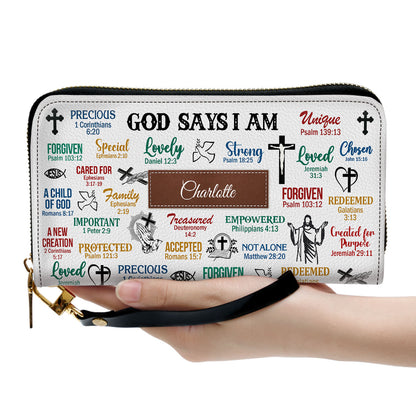 Jesuspirit | What God Says About You | Christian Presents For Religious Women | Personalized Zippered Leather Clutch Purse With Wristlet Strap Handle CPH742