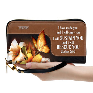 Jesuspirit | Isaiah 46:4 | I Will Sustain You And I Will Rescue You | Faith Gifts From God For Christ Women | Personalized Lily Zippered Leather Clutch Purse NUH294H