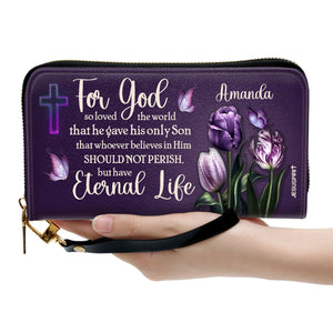 Jesuspirit | Personalized Leather Clutch Purse | For God So Loved The World | Tulip And Cross HN26