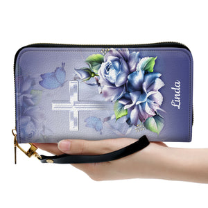 Jesuspirit | Rose And Cross | Personalized Zippered Leather Clutch Purse | Religious Gifts For Women Of God NUH327H
