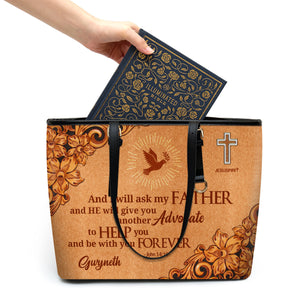 Jesuspirit | Cross And Pigeon | Religious Gifts For Christian Women | John 14:16 | Personalized Large Leather Tote Bag With Long Strap LLTBH721