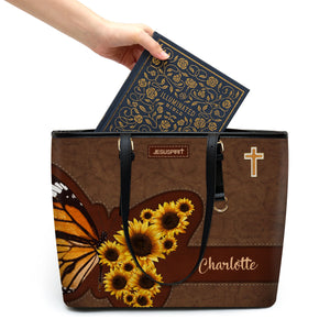 Jesuspirit | Sunflower And Butterfly | Personalized Large Leather Tote Bag With Long Strap | Spiritual Gifts For Women of God LLTBHN653
