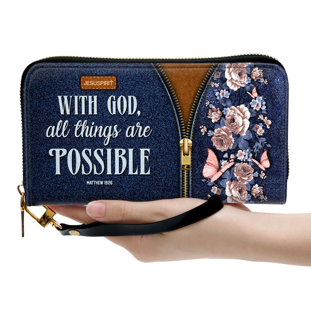 Jesuspirit | Matthew 19:26 | With God All Things Are Possible | Zippered Clutch Purse With Wristlet Strap Handle | Christ Gift For Religious Woman CPHN673