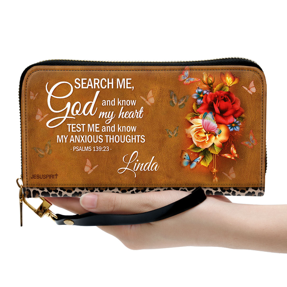 Jesuspirit | Personalized Zippered Leather Clutch Purse | Psalm 139:23 | Rose And Butterfly | Religious Gifts For Christian Women CPH730