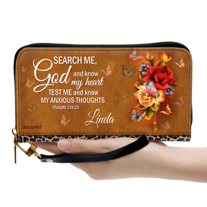 Jesuspirit | Personalized Zippered Leather Clutch Purse | Psalm 139:23 | Rose And Butterfly | Religious Gifts For Christian Women CPH730
