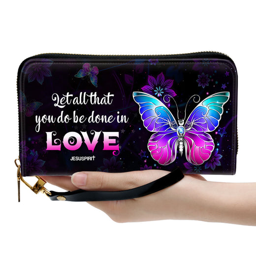 Jesuspirit | Let All You Do Be Done In Love | Personalized Leather Clutch Purse | 1 Corinthians 16:14 | Cross And Butterfly CPH707