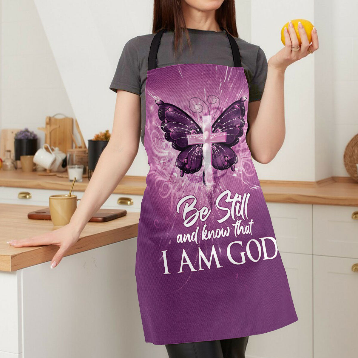 Jesuspirit | Be Still And Know That I Am God | Butterfly And Cross | Psalm 46:10 | Stunning Purple Apron With Neck Strap A47