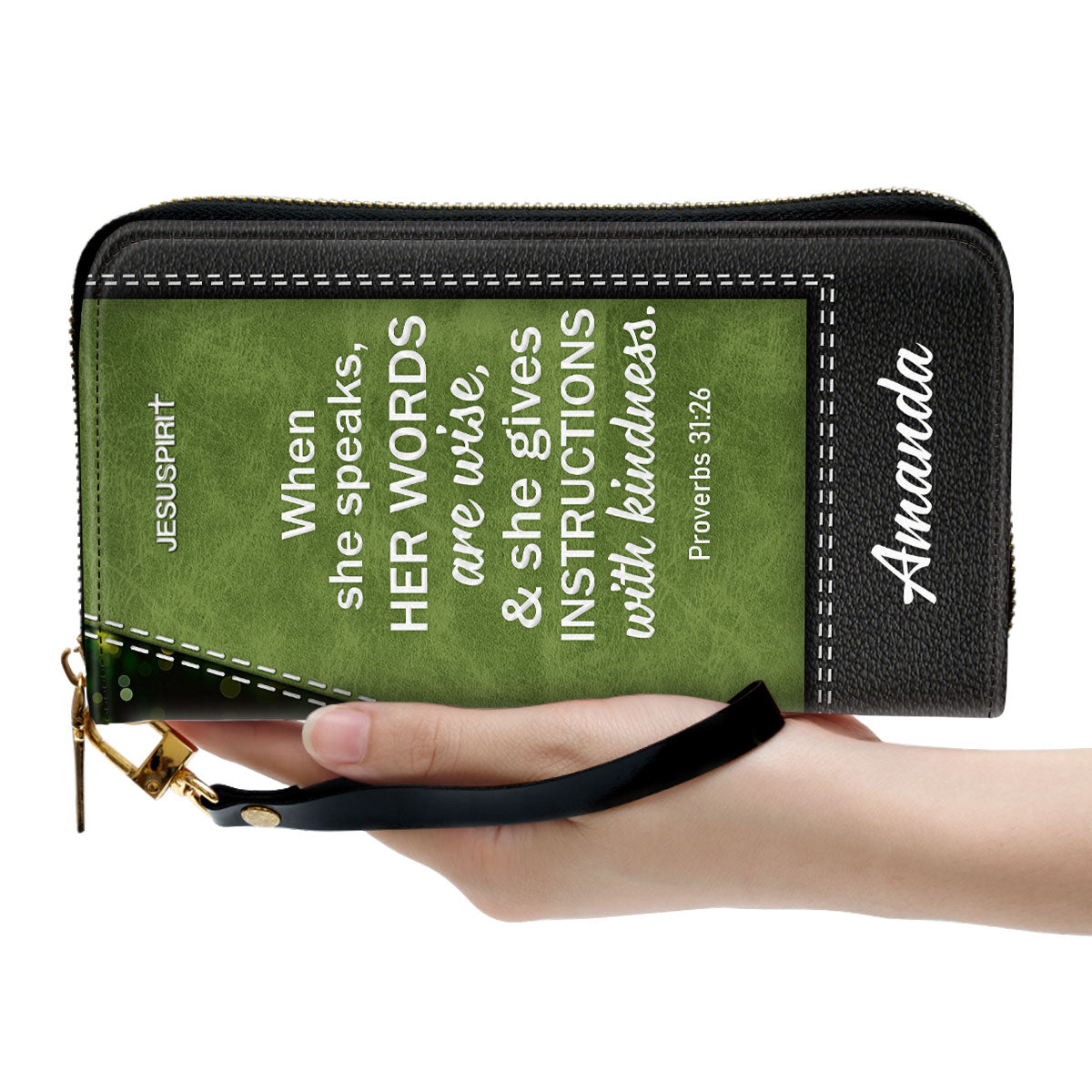 Jesuspirit | She Gives Instructions With Kindness | Personalized Lotus Zippered Leather Clutch Purse | Proverbs 31:26 | Scripture Gifts For Woman Of God NUHN316B