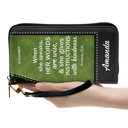 Jesuspirit | She Gives Instructions With Kindness | Personalized Lotus Zippered Leather Clutch Purse | Proverbs 31:26 | Scripture Gifts For Woman Of God NUHN316B