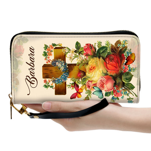 Jesuspirit | Personalized Leather Clutch Purse | A Precious Child Of God | Roses & Butterfly | Beautiful Gift For Christian Ladies CPM705